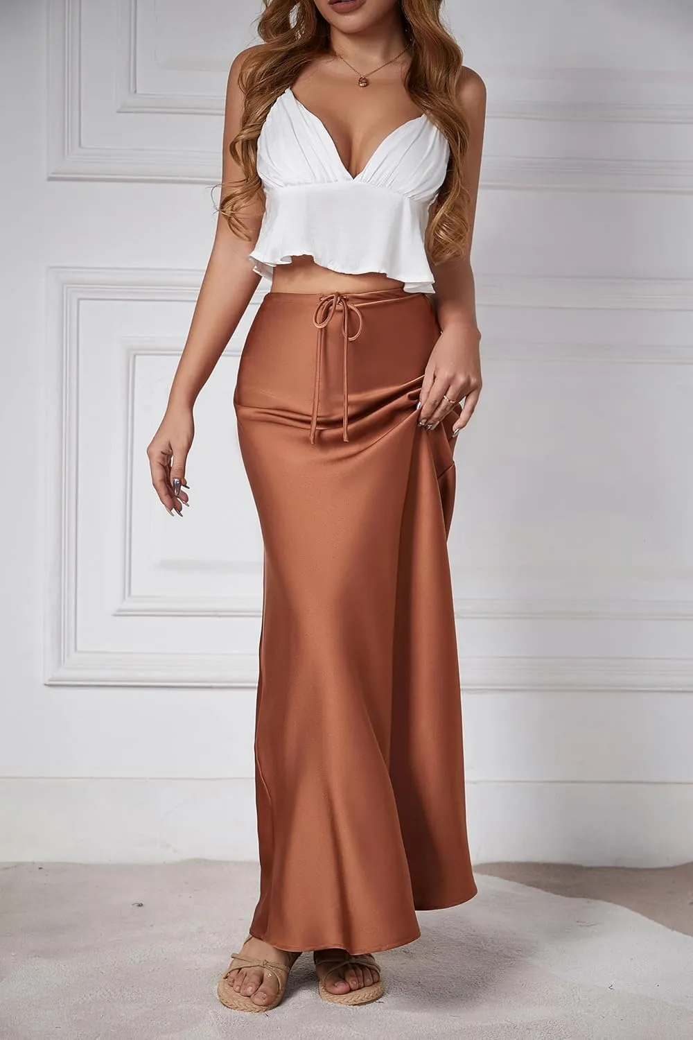 Womens Satin Maxi Skirt High Waisted Silk Elegant A Line Cocktail Party Long Skirts