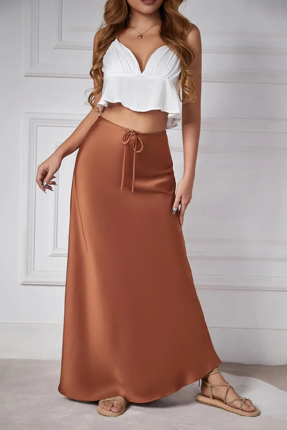 Womens Satin Maxi Skirt High Waisted Silk Elegant A Line Cocktail Party Long Skirts