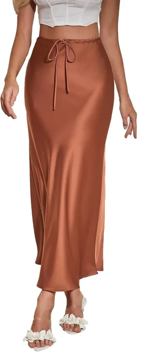Womens Satin Maxi Skirt High Waisted Silk Elegant A Line Cocktail Party Long Skirts