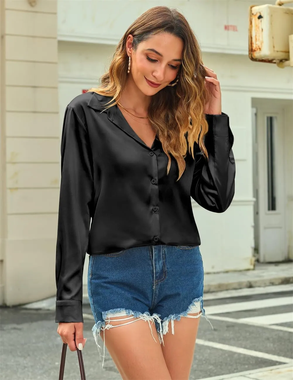 Women's Satin Silk Blouse Wrap V Neck Long Sleeve, Casual Blouse Loose Long Sleeve Office Work Tops, Shirts