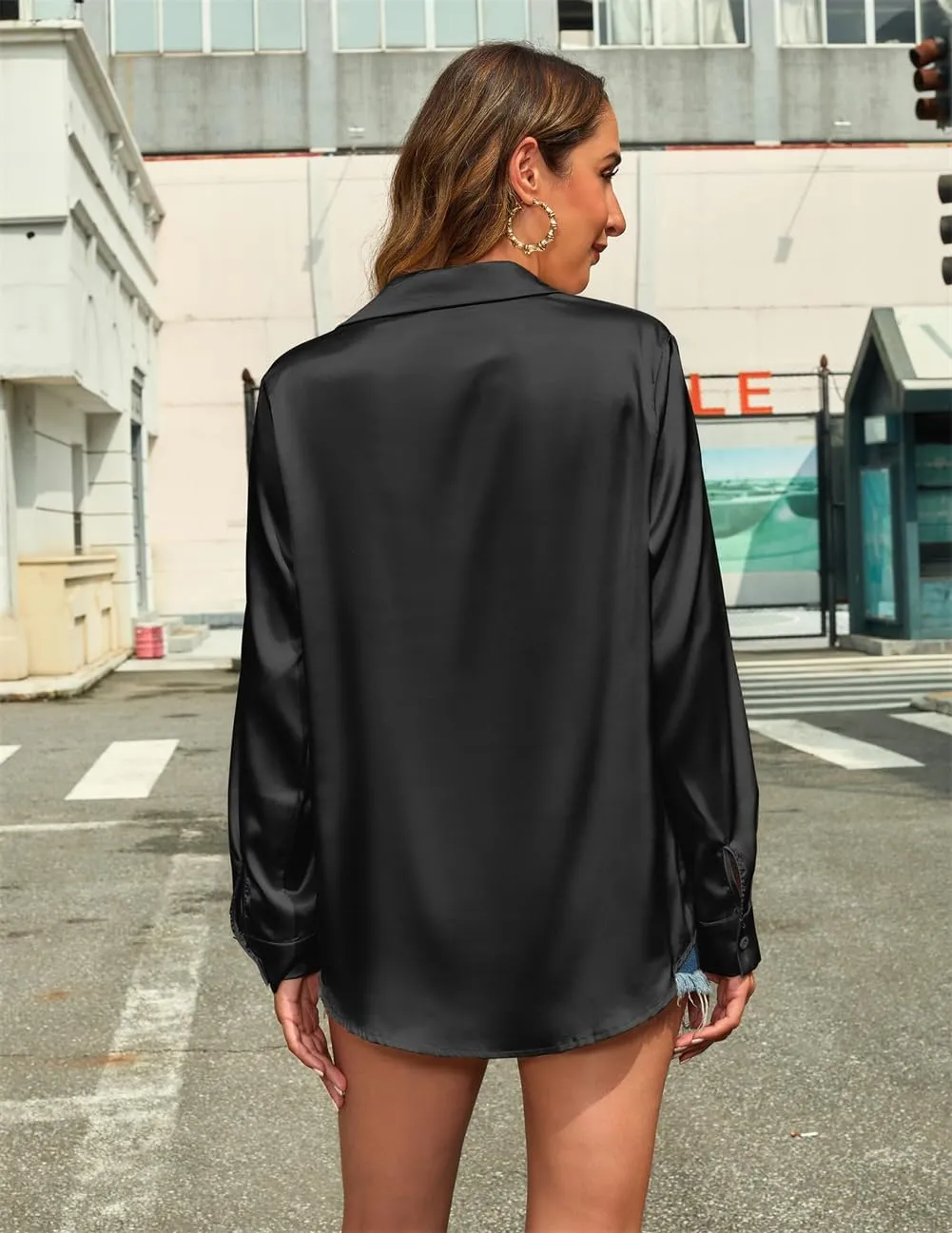 Women's Satin Silk Blouse Wrap V Neck Long Sleeve, Casual Blouse Loose Long Sleeve Office Work Tops, Shirts