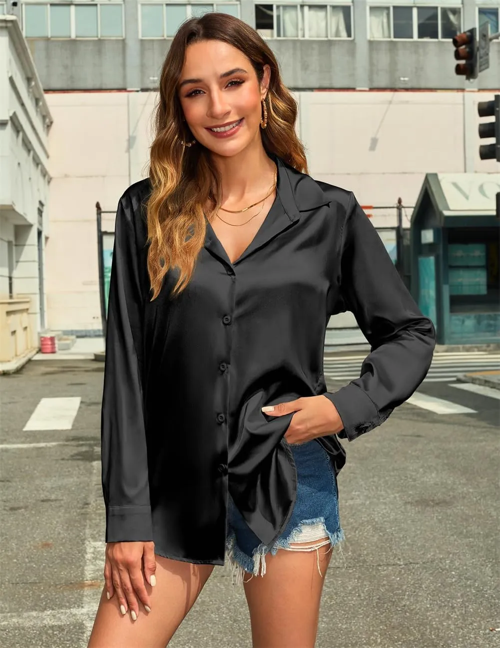 Women's Satin Silk Blouse Wrap V Neck Long Sleeve, Casual Blouse Loose Long Sleeve Office Work Tops, Shirts