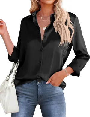 Women's Satin Silk Blouse Wrap V Neck Long Sleeve, Casual Blouse Loose Long Sleeve Office Work Tops, Shirts