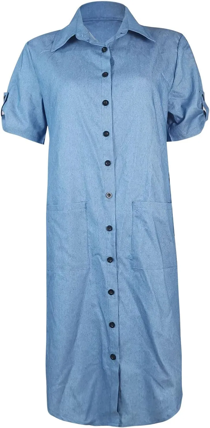 Womens Shirt Dress Summer Casual with Sleeves Sundresses Button Down Trendy Beach Cover Up Tunic Dresses with Pockets