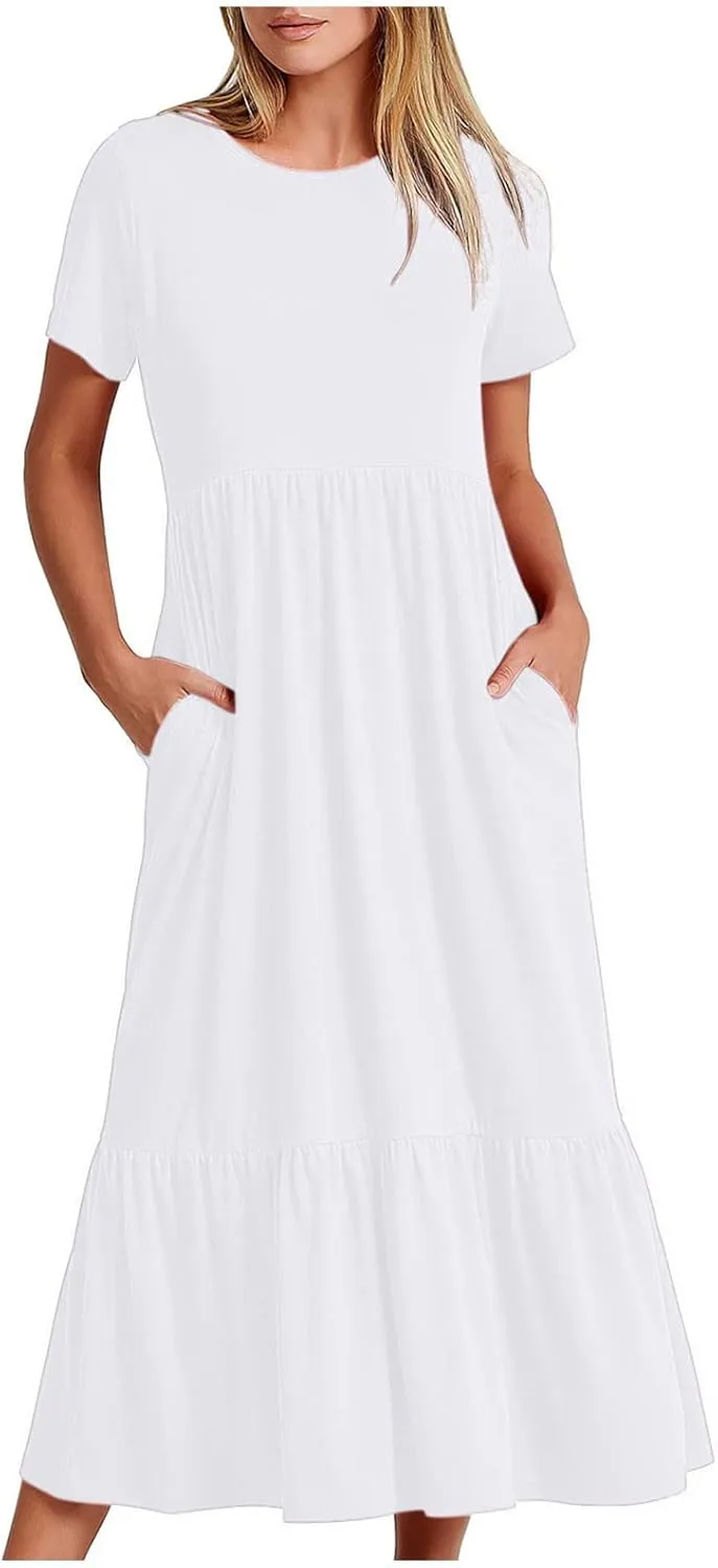 Women's Summer Casual Short Sleeve Crewneck Long Dress Solid Flowy Tiered Maxi Beach Dress with Pockets